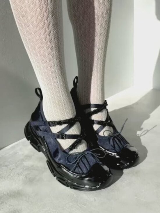 Double Zero Shoes - Double Zero Navy Blue Satin Ballet Sneakers